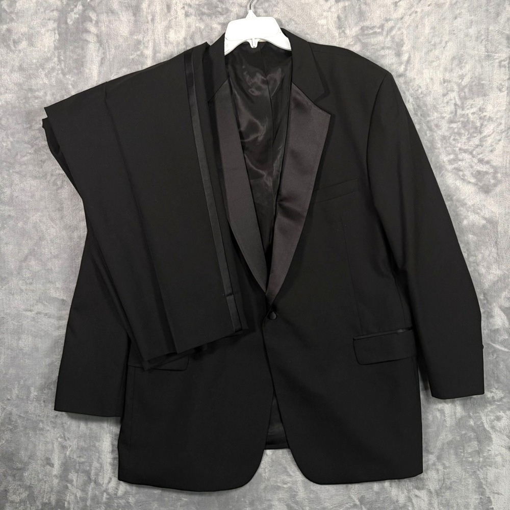 Jos A Bank 2 Piece Tuxedo Suit Mens 50 Long Black Jacket Blazer Wool Pants 40x28